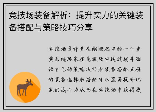 竞技场装备解析：提升实力的关键装备搭配与策略技巧分享