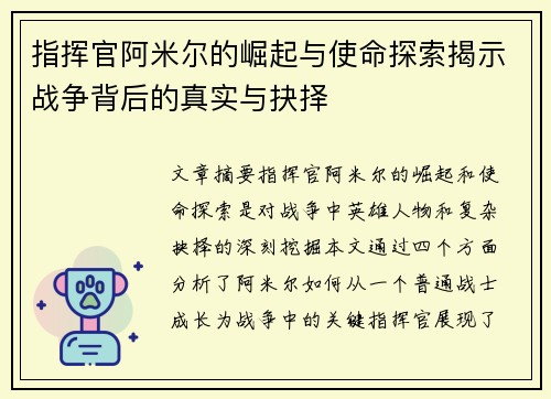 指挥官阿米尔的崛起与使命探索揭示战争背后的真实与抉择